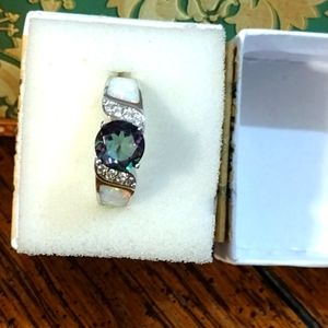 Lab created rainbow topaz with white topaz and opal ring